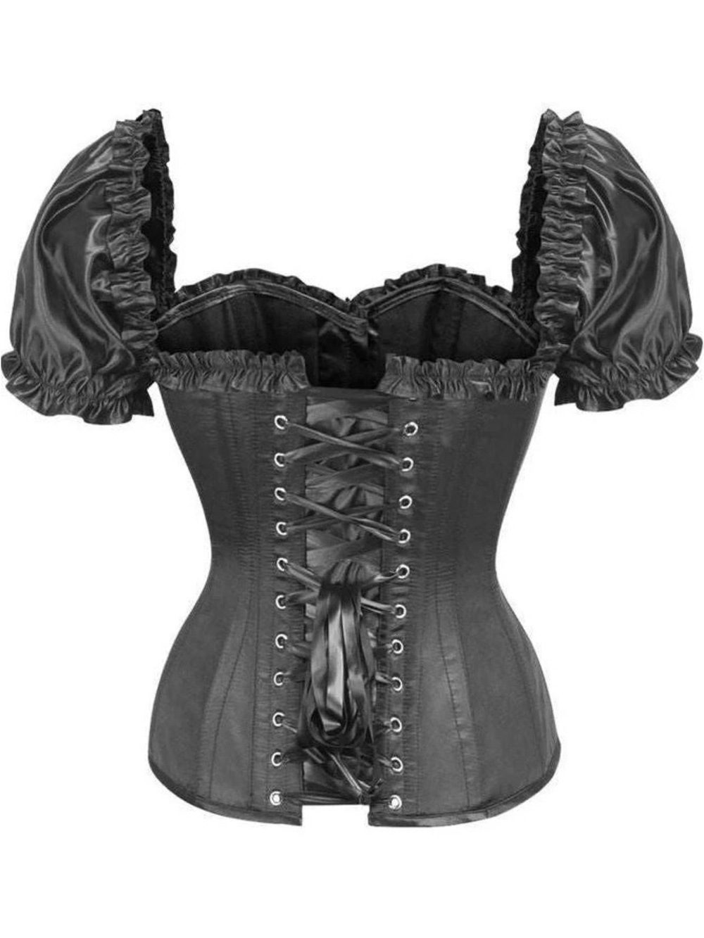 Daisy Corsets Top Drawer Steel Boned Black Satin Overbust Corset w/Sleeves large